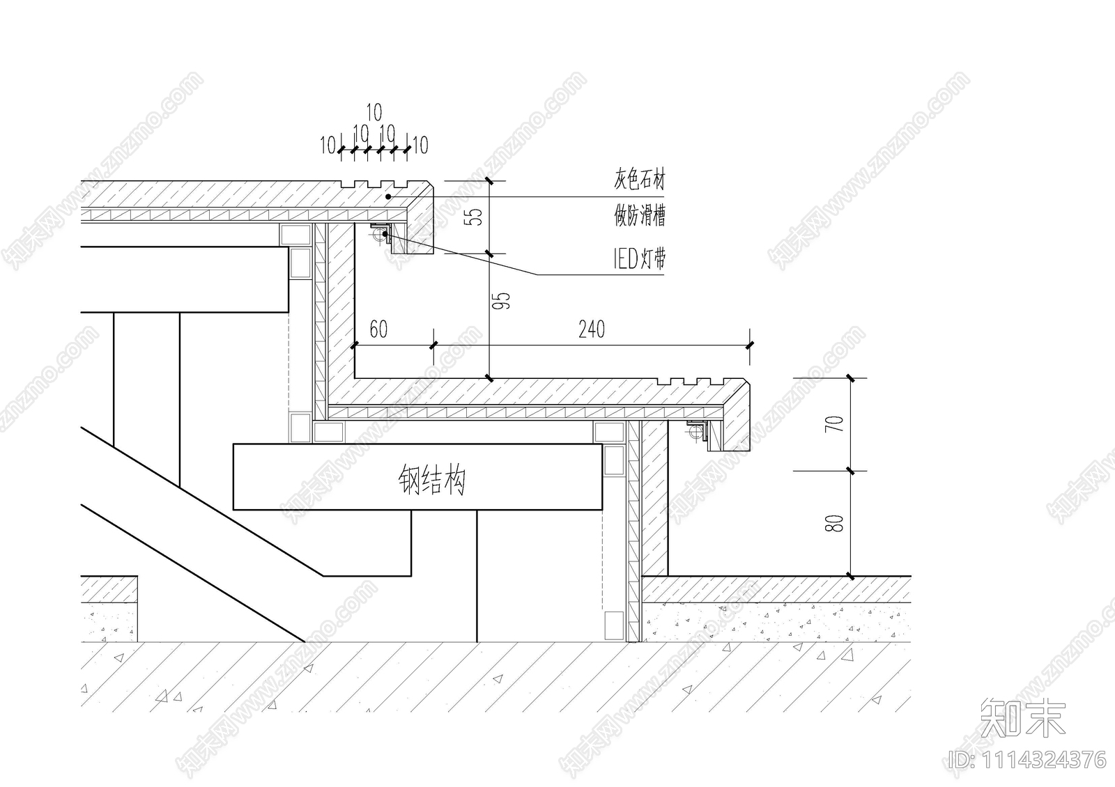 钢结构楼梯石材踏步暗藏灯带cad施工图下载【ID:1114324376】