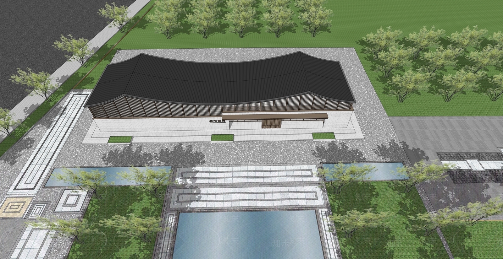 新中式售楼处建筑SU模型下载【ID:1114300997】