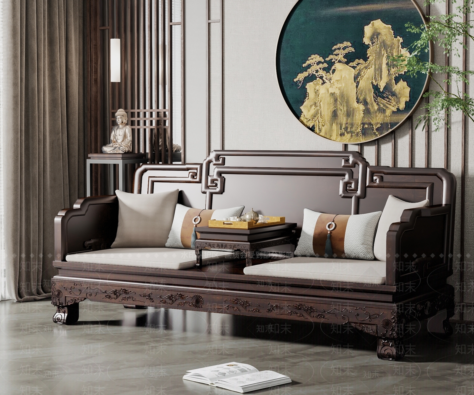 新中式罗汉床3D模型下载【ID:1114303080】