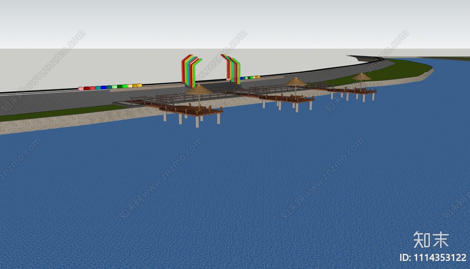 新中式滨水景观SU模型下载【ID:1114353122】