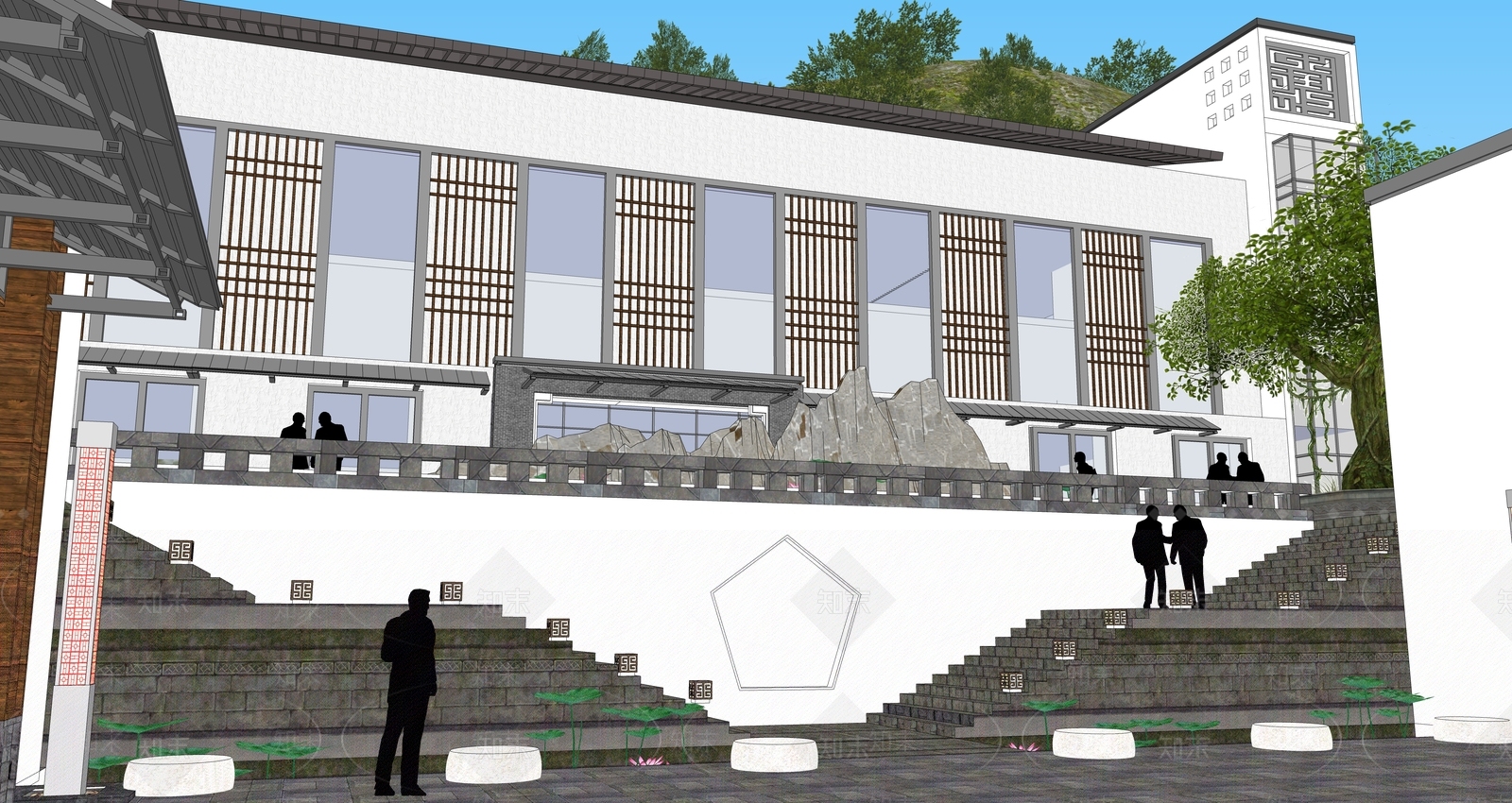 新中式博物馆建筑SU模型下载【ID:1114356339】