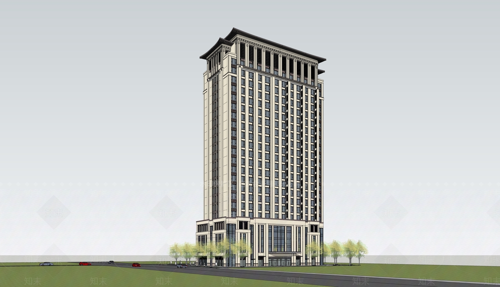 新中式高层办公楼SU模型下载【ID:1114372550】
