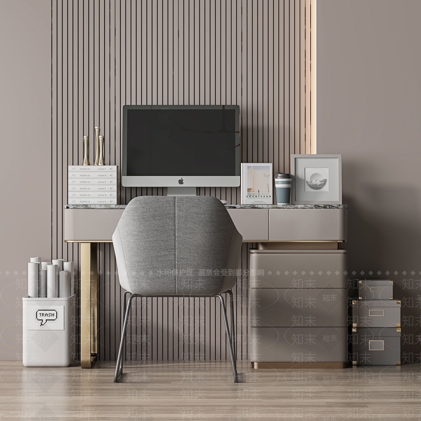 现代书桌椅子组合3D模型下载【ID:1114390707】