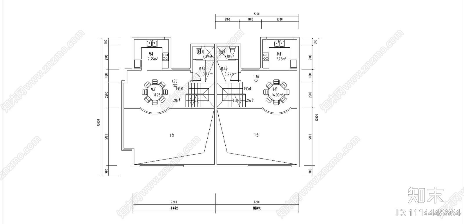 连排北b别墅平立面施工图cad施工图下载【ID:1114448664】