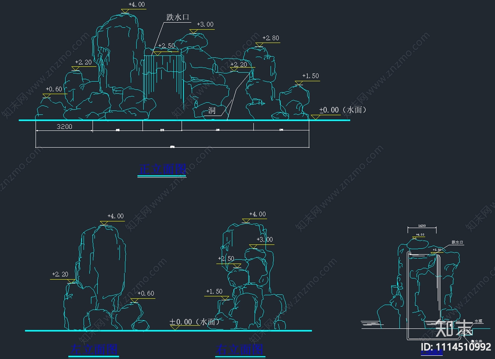 中式假山跌水立面cad施工图下载【ID:1114510992】
