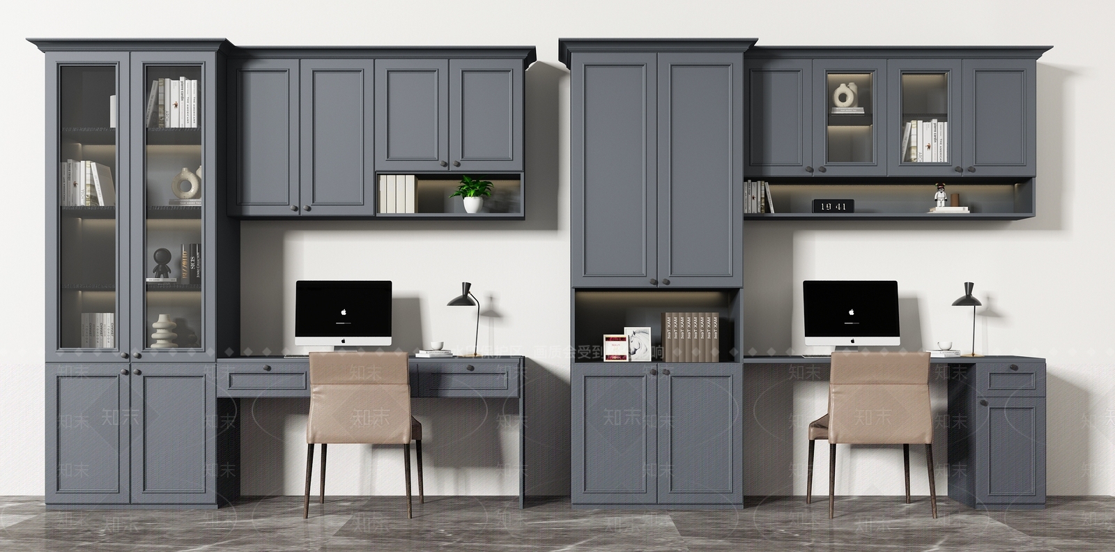 欧式书桌书柜一体SU模型下载【ID:1114565770】