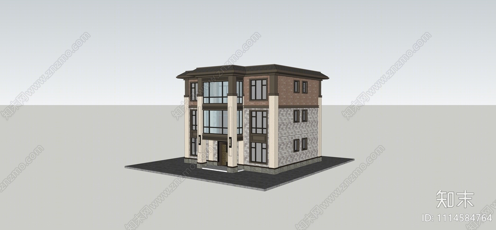新中式三层独栋别墅SU模型下载【ID:1114584764】