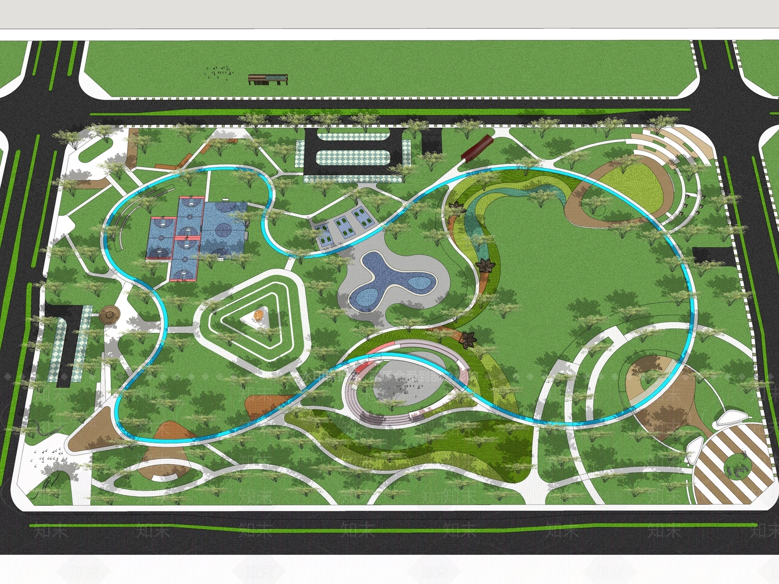 现代城市公园景观SU模型下载【ID:1114586875】