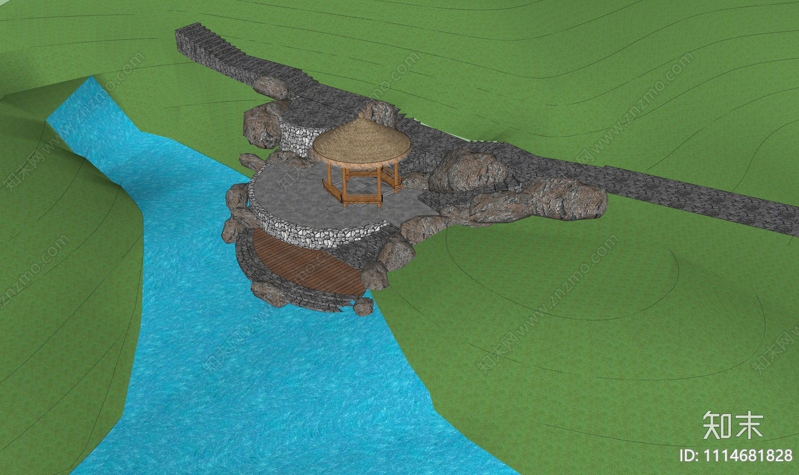 中式滨水步道SU模型下载【ID:1114681828】