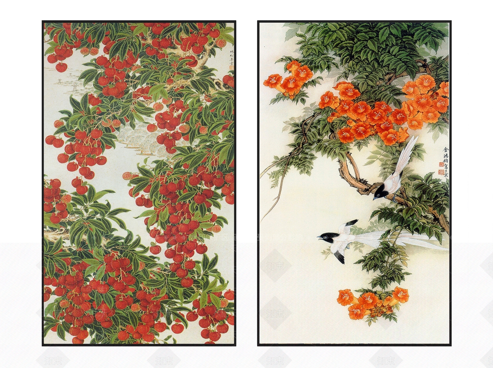 中式清雅精致荔枝花鸟图案挂画组合3D模型下载【ID:1114689675】