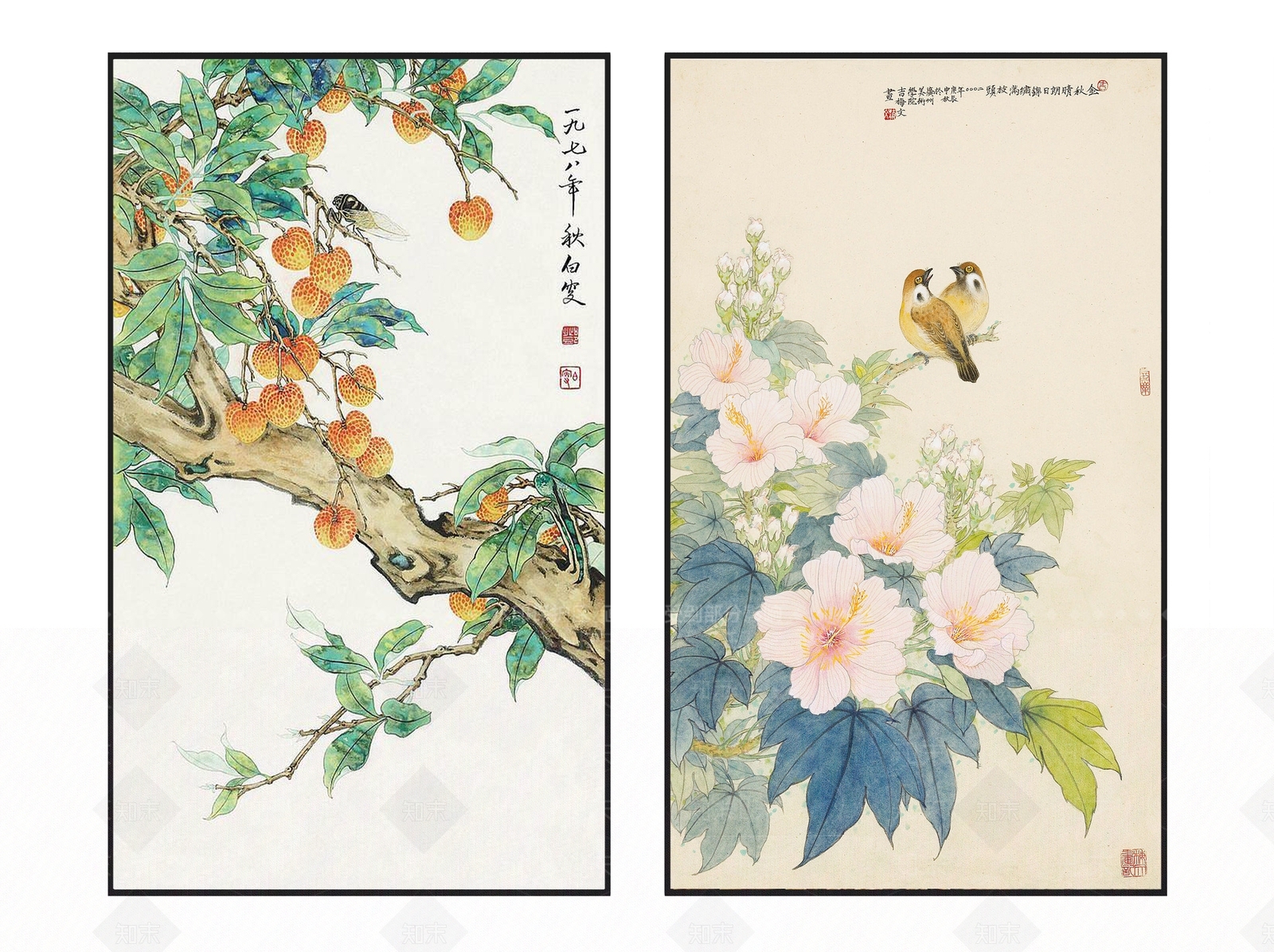 中式清新雅致荔枝花鸟图案挂画组合3D模型下载【ID:1114689705】