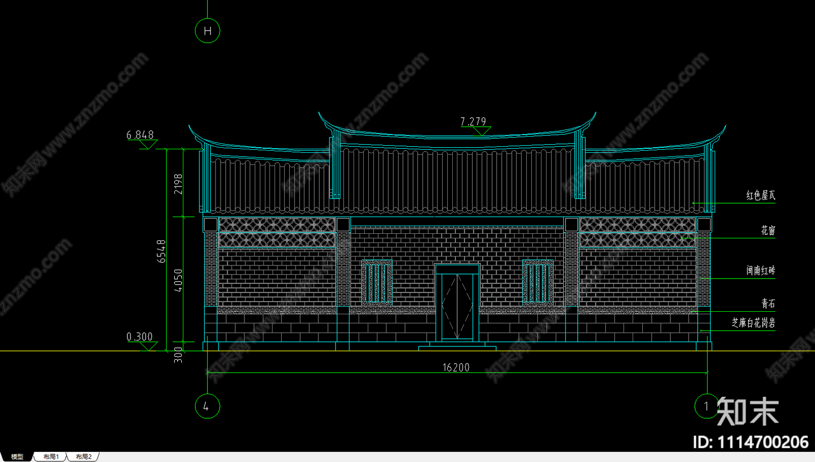 闽南风格红砖管理房cad施工图下载【ID:1114700206】