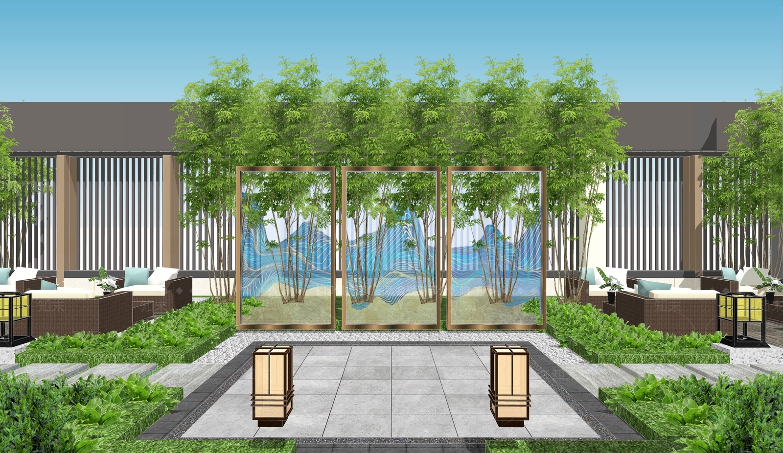 新中式办公景观SU模型下载【ID:1114703710】