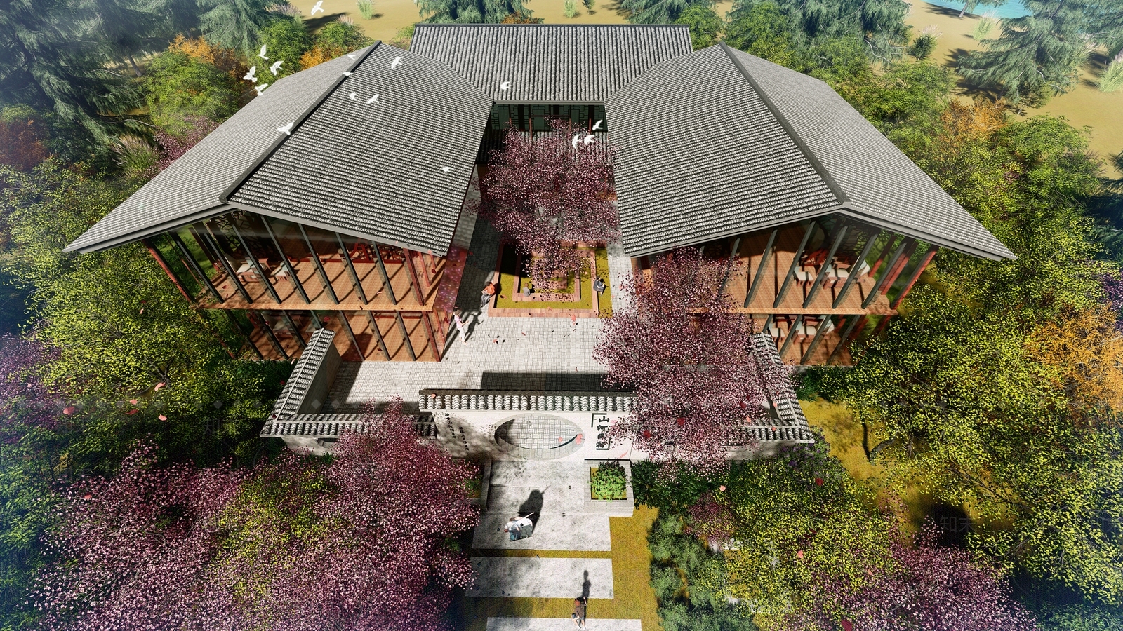 新中式乡村山河民宿建筑SU模型下载【ID:1114843362】