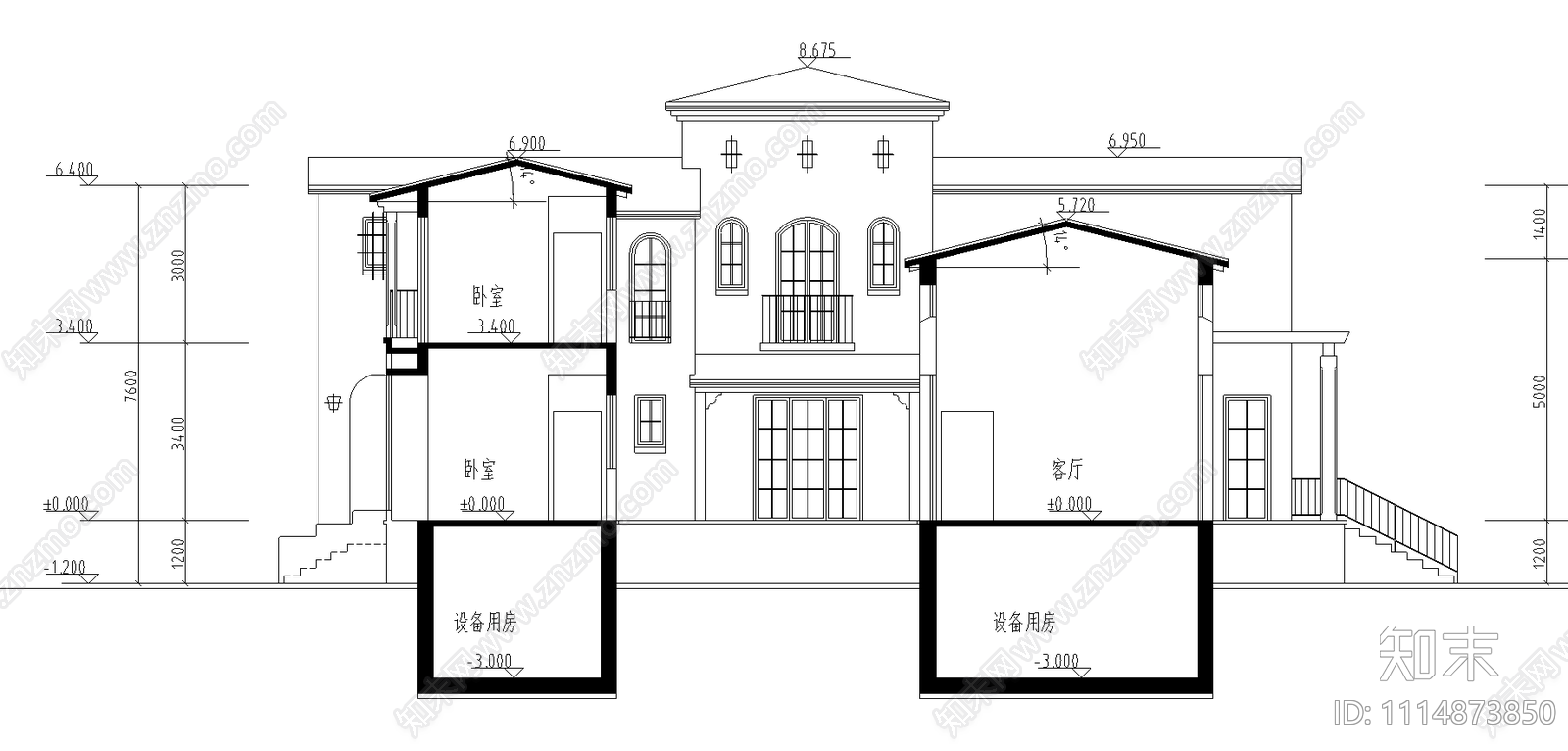 独立别墅立面剖面cad施工图下载【ID:1114873850】