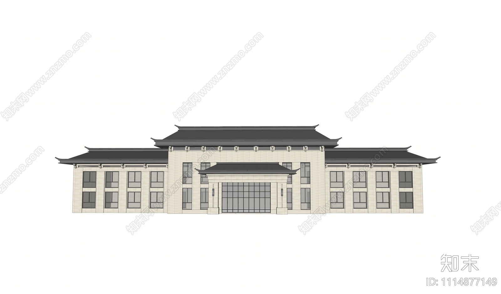 新中式办公室建筑SU模型下载【ID:1114877149】