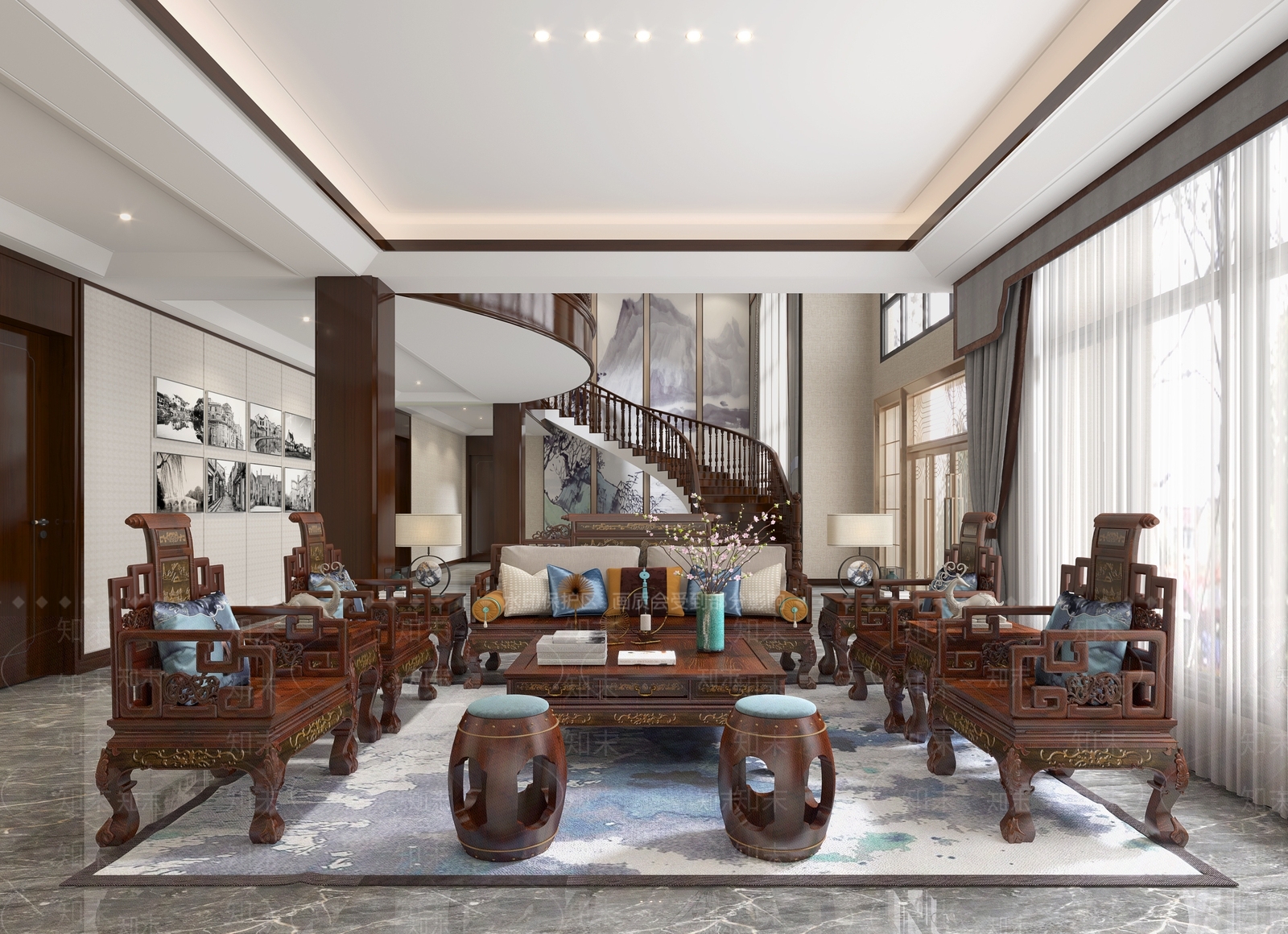 新中式复式客厅3D模型下载【ID:1114934052】