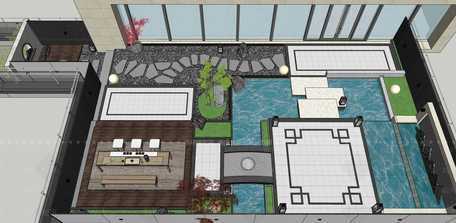新中式屋顶花园SU模型下载【ID:1114934308】