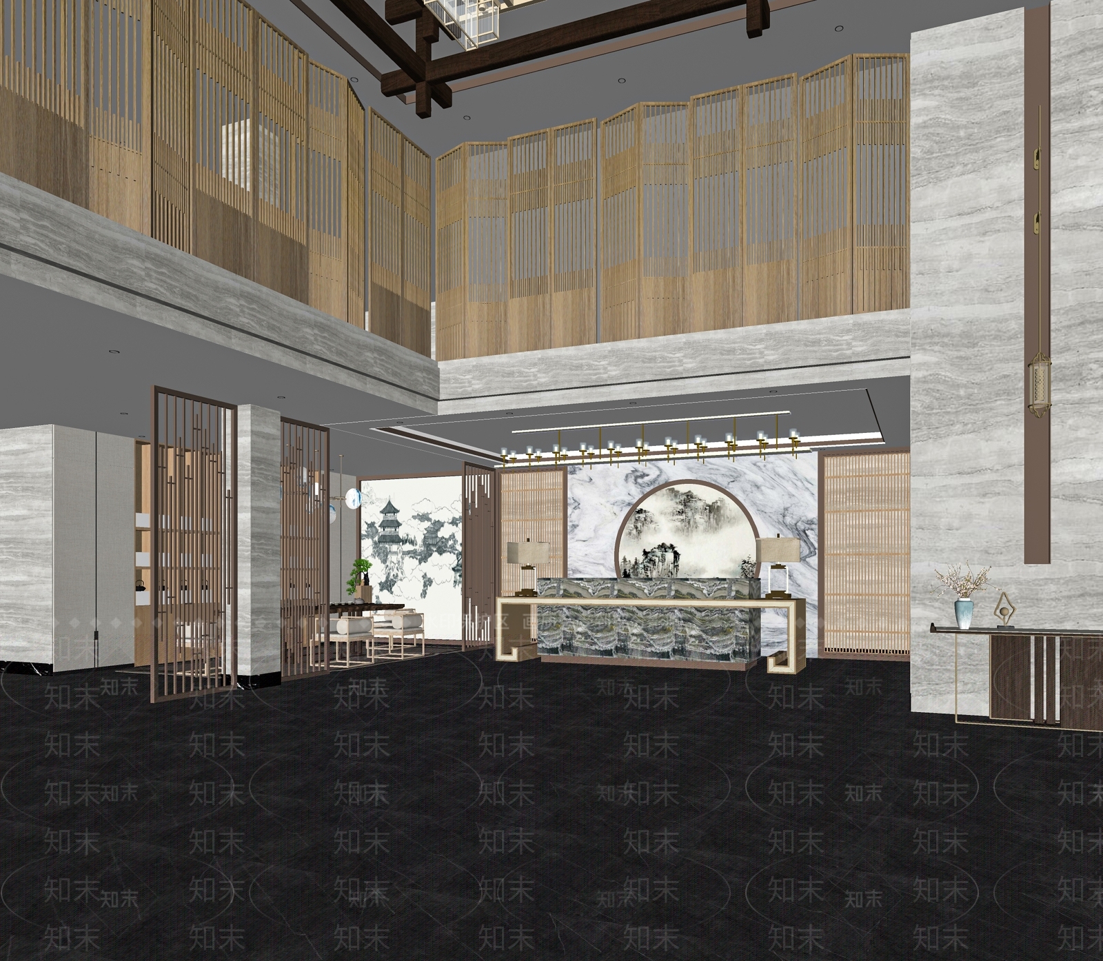 新中式酒店大堂SU模型下载【ID:1114952520】