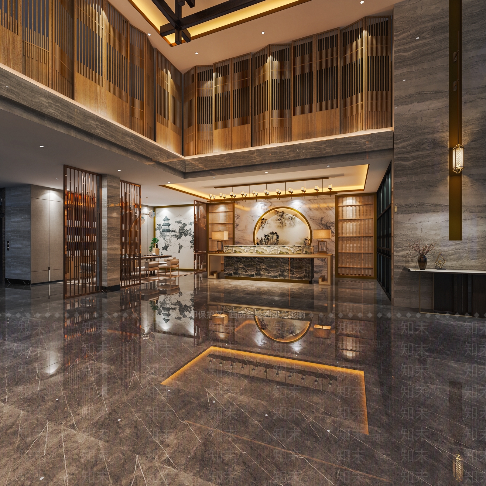 新中式酒店大堂SU模型下载【ID:1114952520】