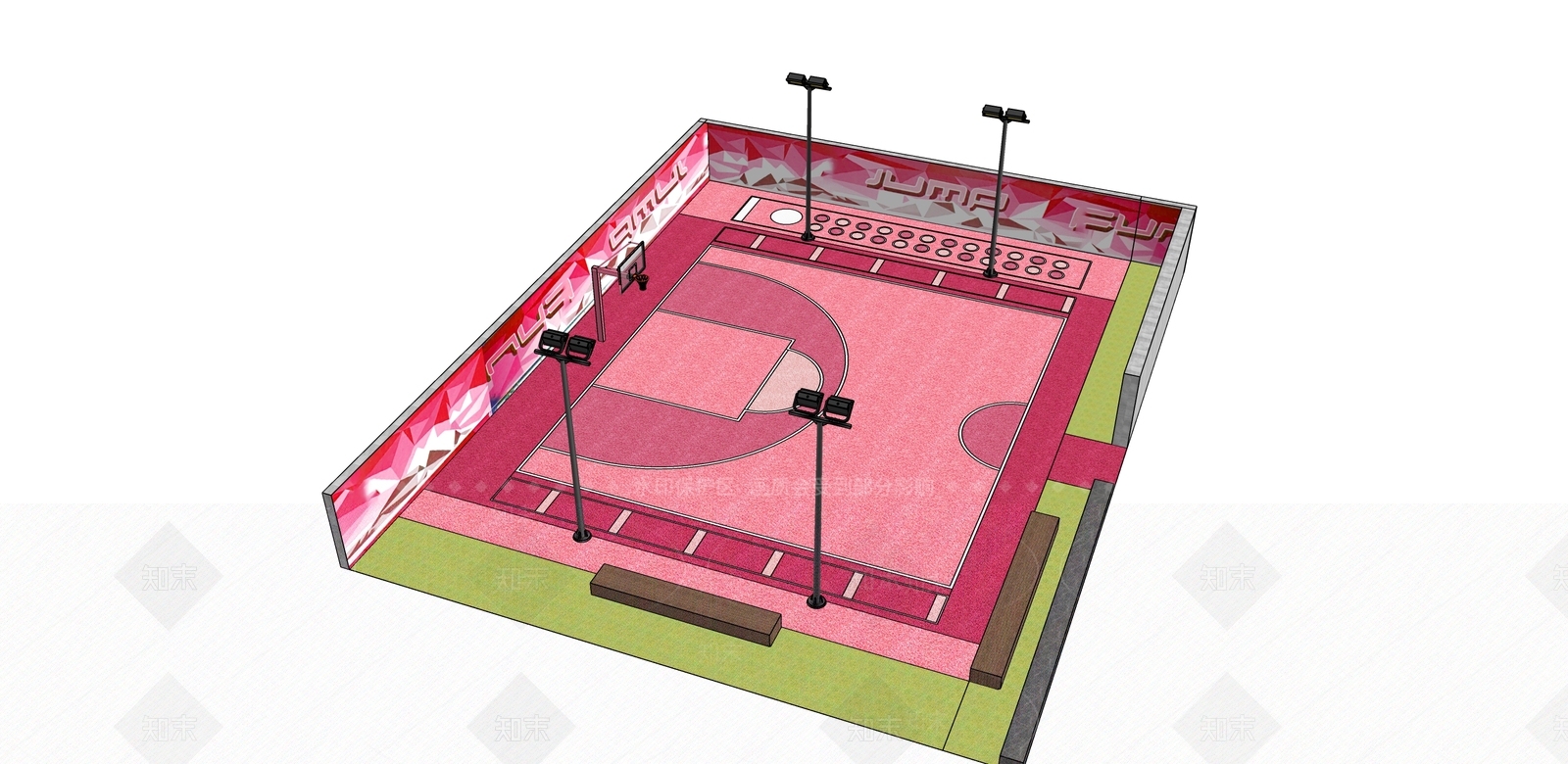 现代室外半场篮球场SU模型下载【ID:1114965420】