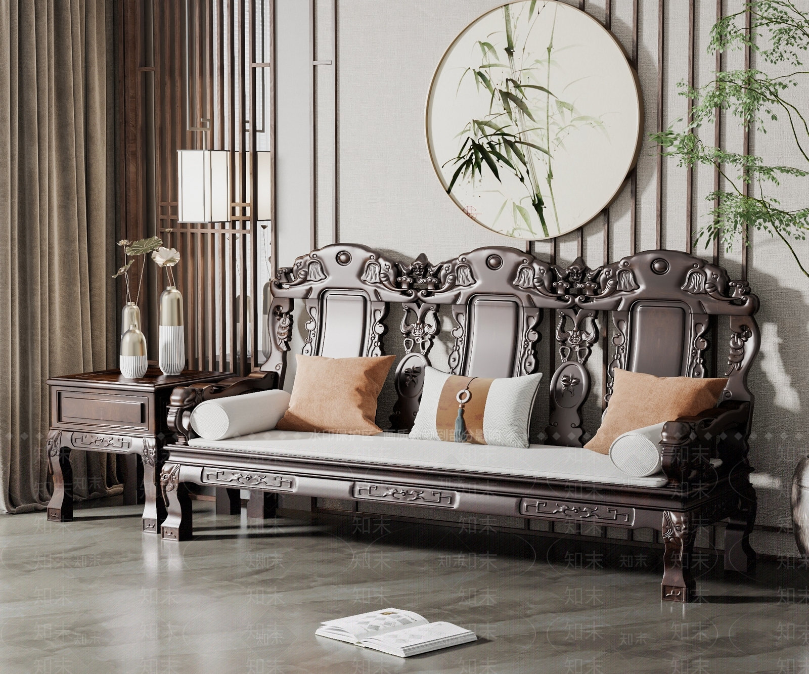 新中式三人位实木雕花沙发3D模型下载【ID:1114979323】