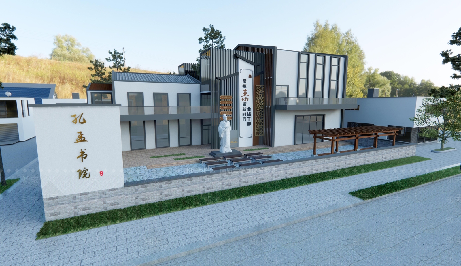 新中式图书馆建筑SU模型下载【ID:1114983073】