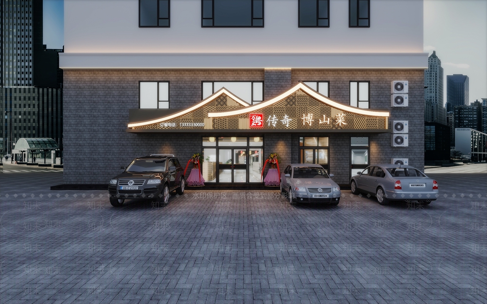 新中式饭店门头门面3D模型下载【ID:1114993929】