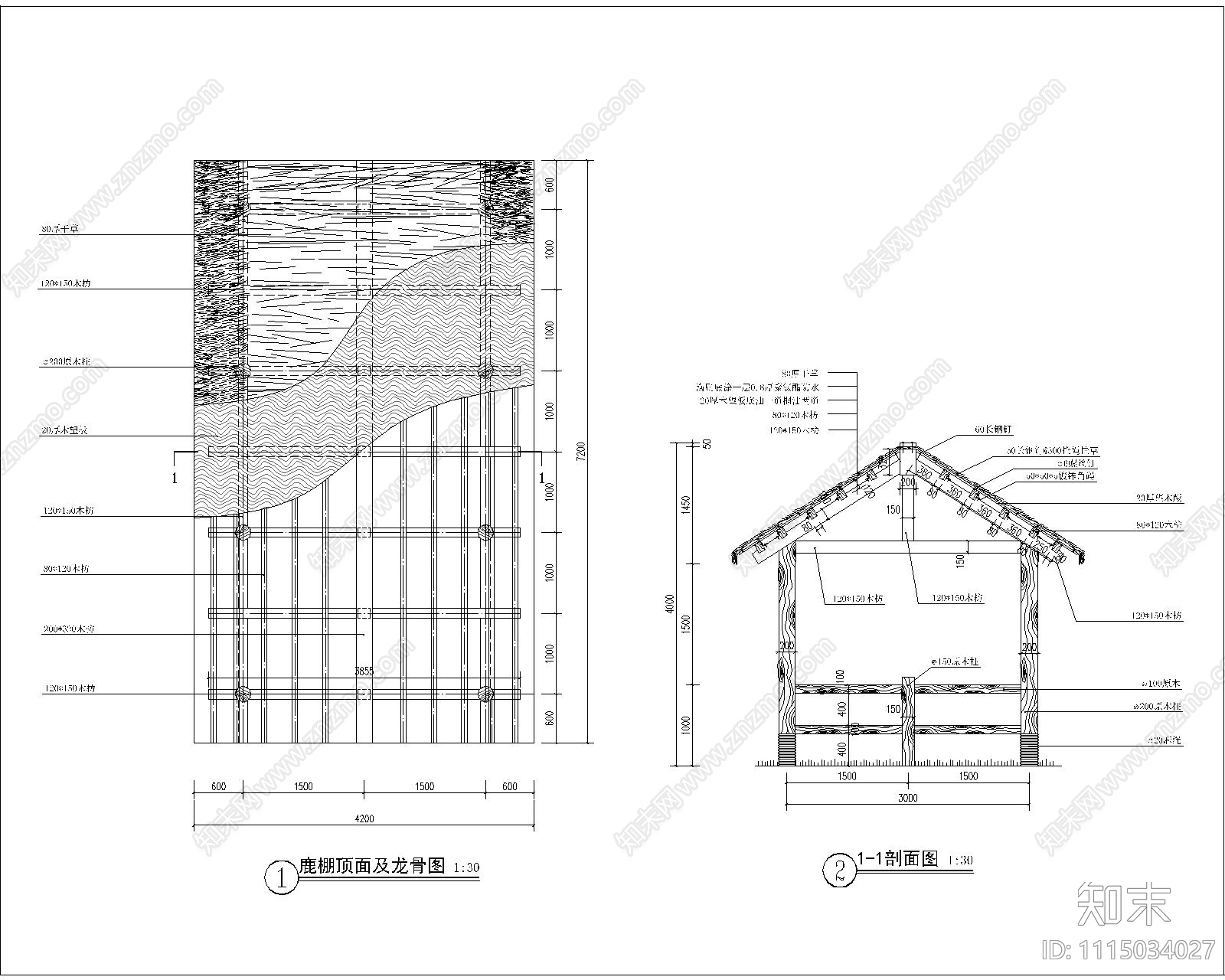 美丽乡镇建设茅屋平立剖面节点详图cad施工图下载【ID:1115034027】