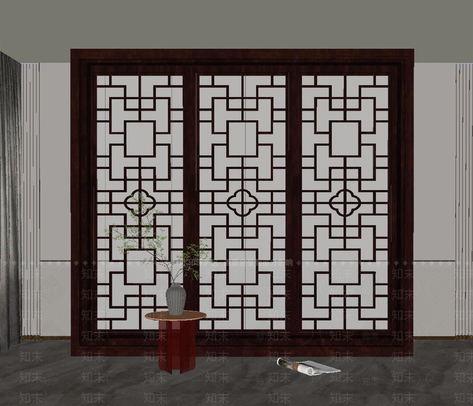 新中式实木落地窗SU模型下载【ID:1115092207】