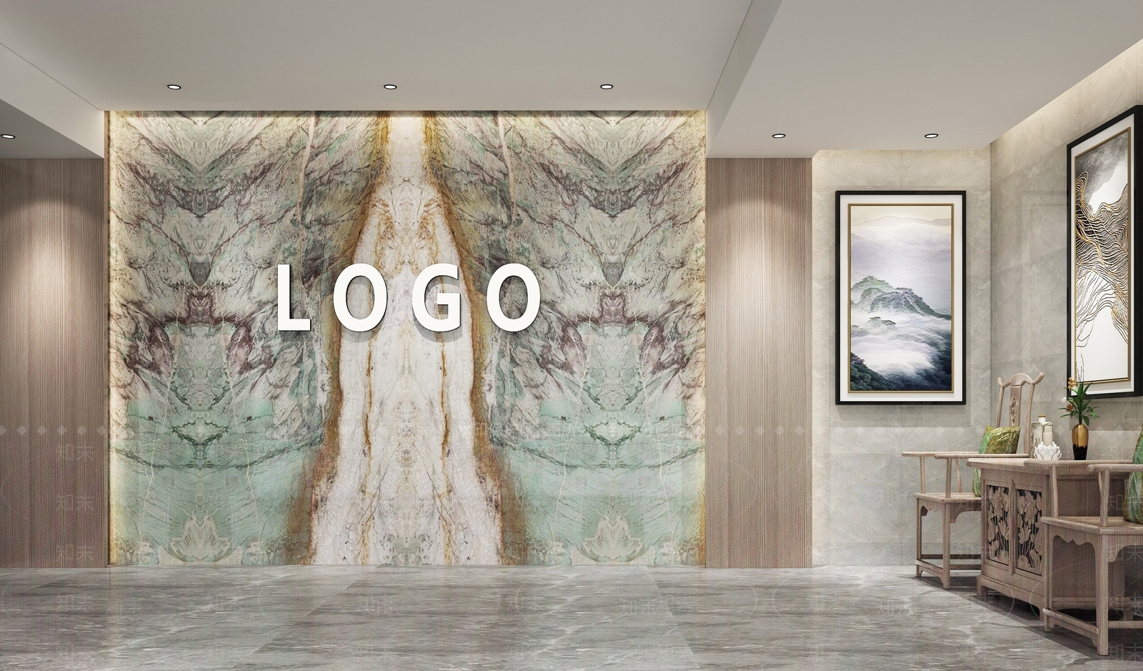 新中式前台背景墙3D模型下载【ID:1115108402】