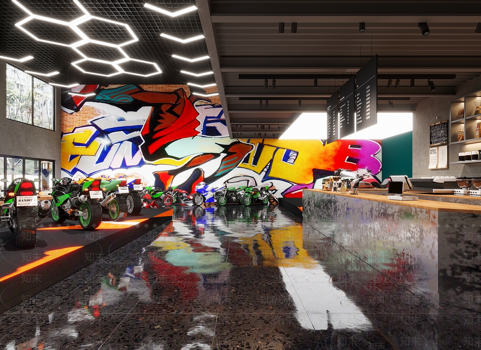 工业风摩托车展厅3D模型下载【ID:1115125604】