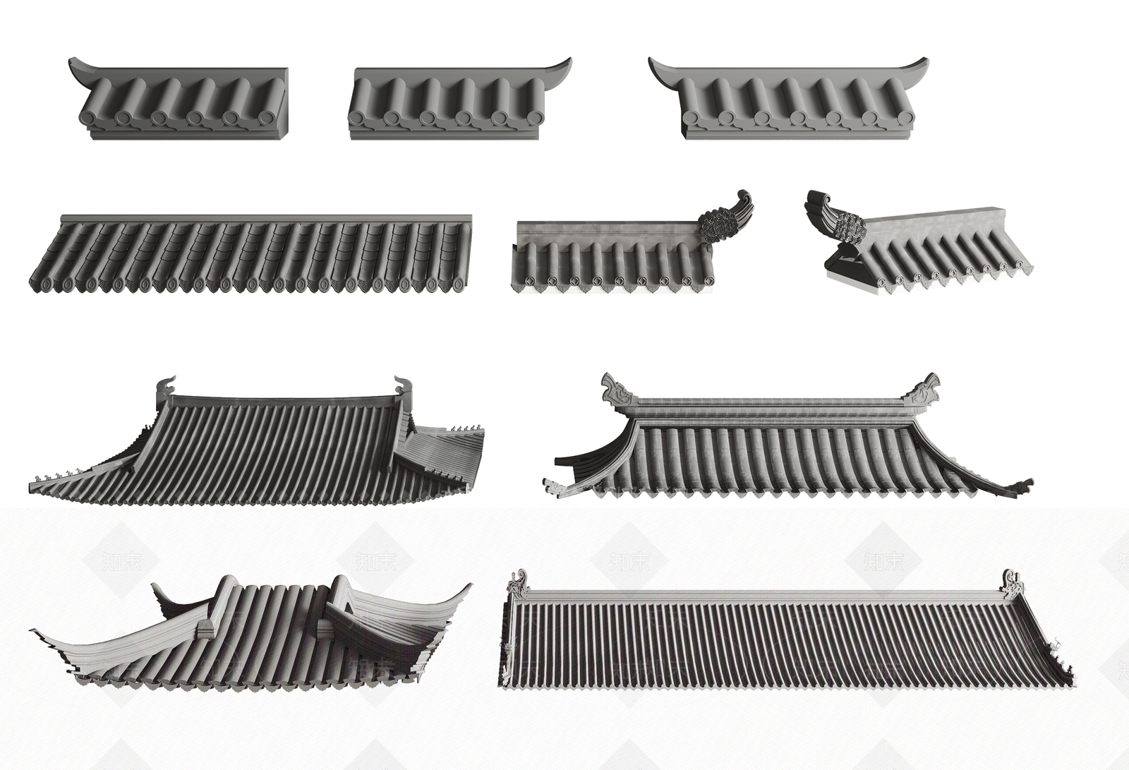 新中式屋檐瓦片组合3D模型下载【ID:1115141159】
