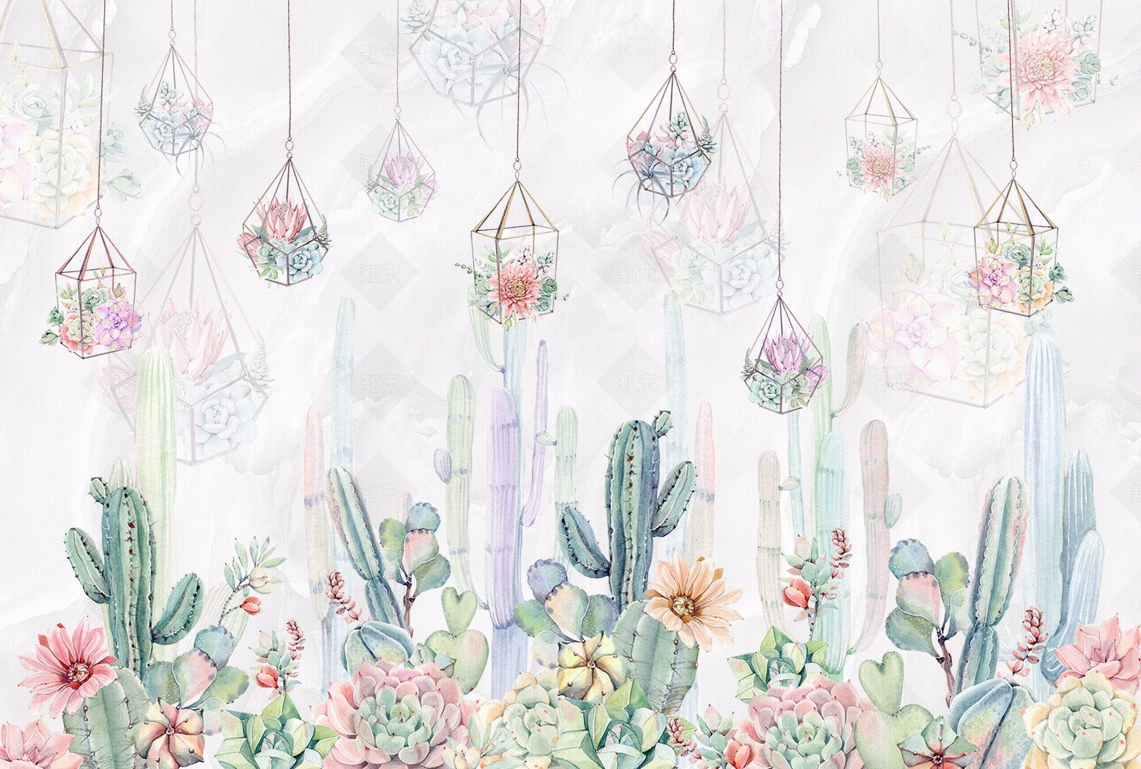 北欧风仙人掌植物空中花园壁画贴图下载【ID:1115143994】