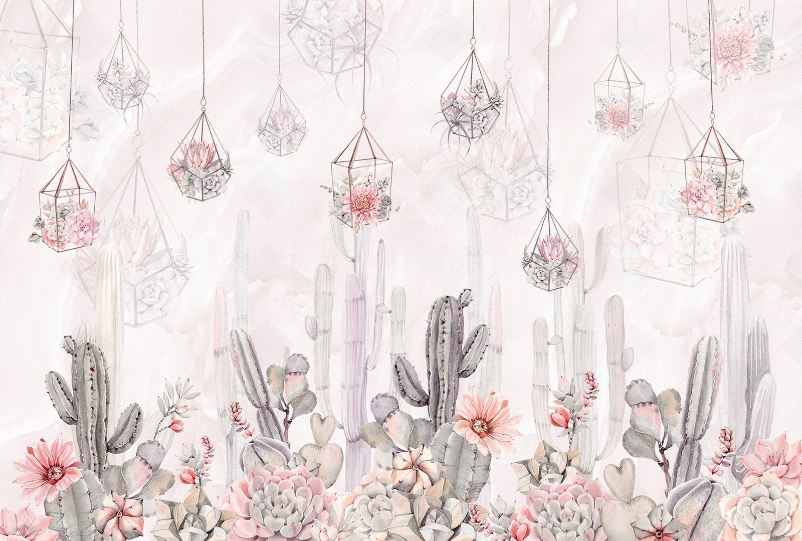 北欧风仙人掌植物空中花园壁画贴图下载【ID:1115144077】