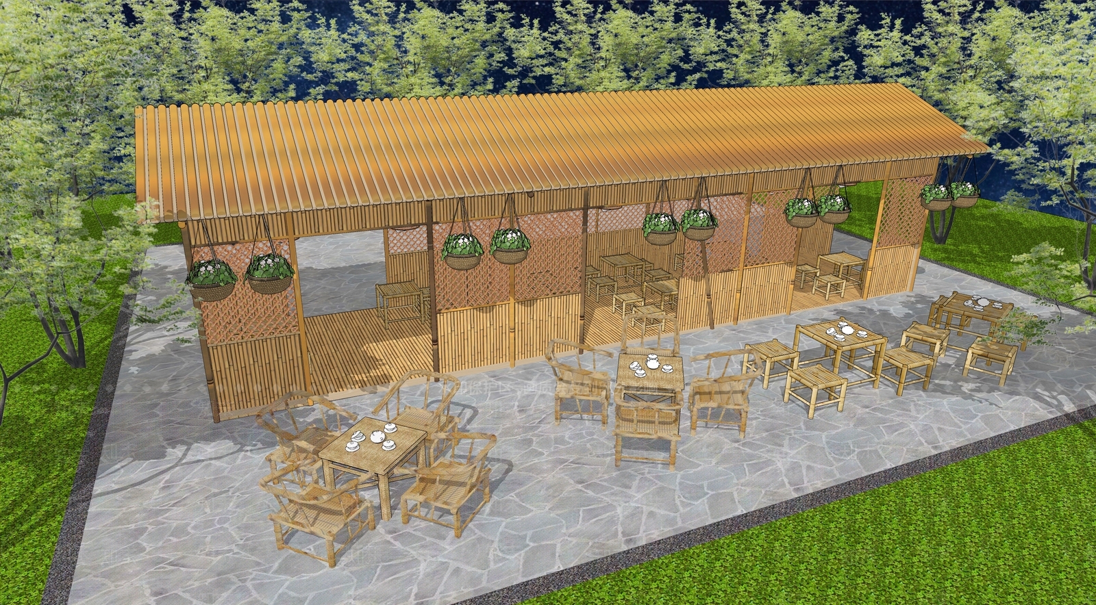 现代竹子廊架SU模型下载【ID:1115150941】