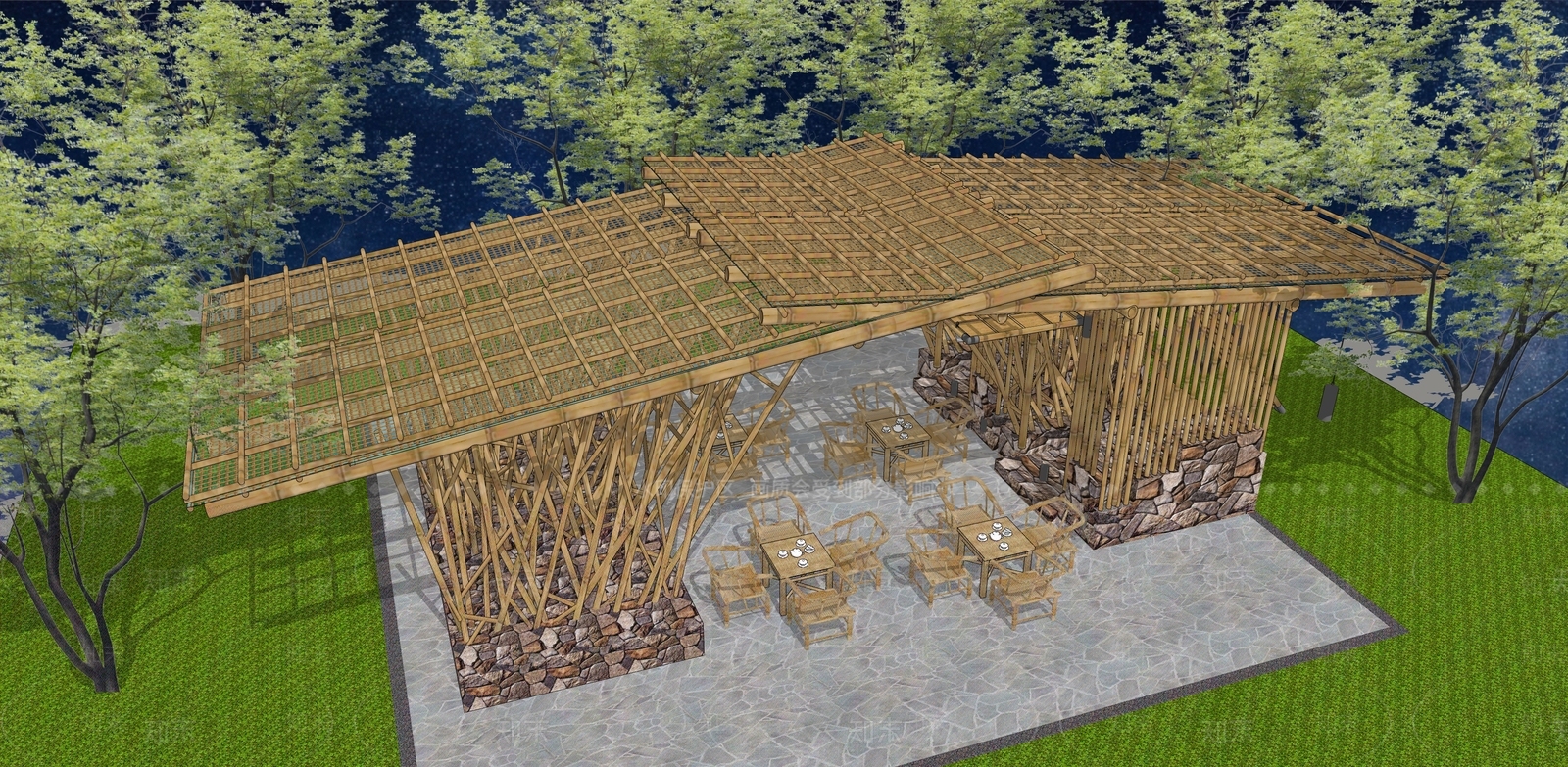 新中式竹子廊架SU模型下载【ID:1115151035】