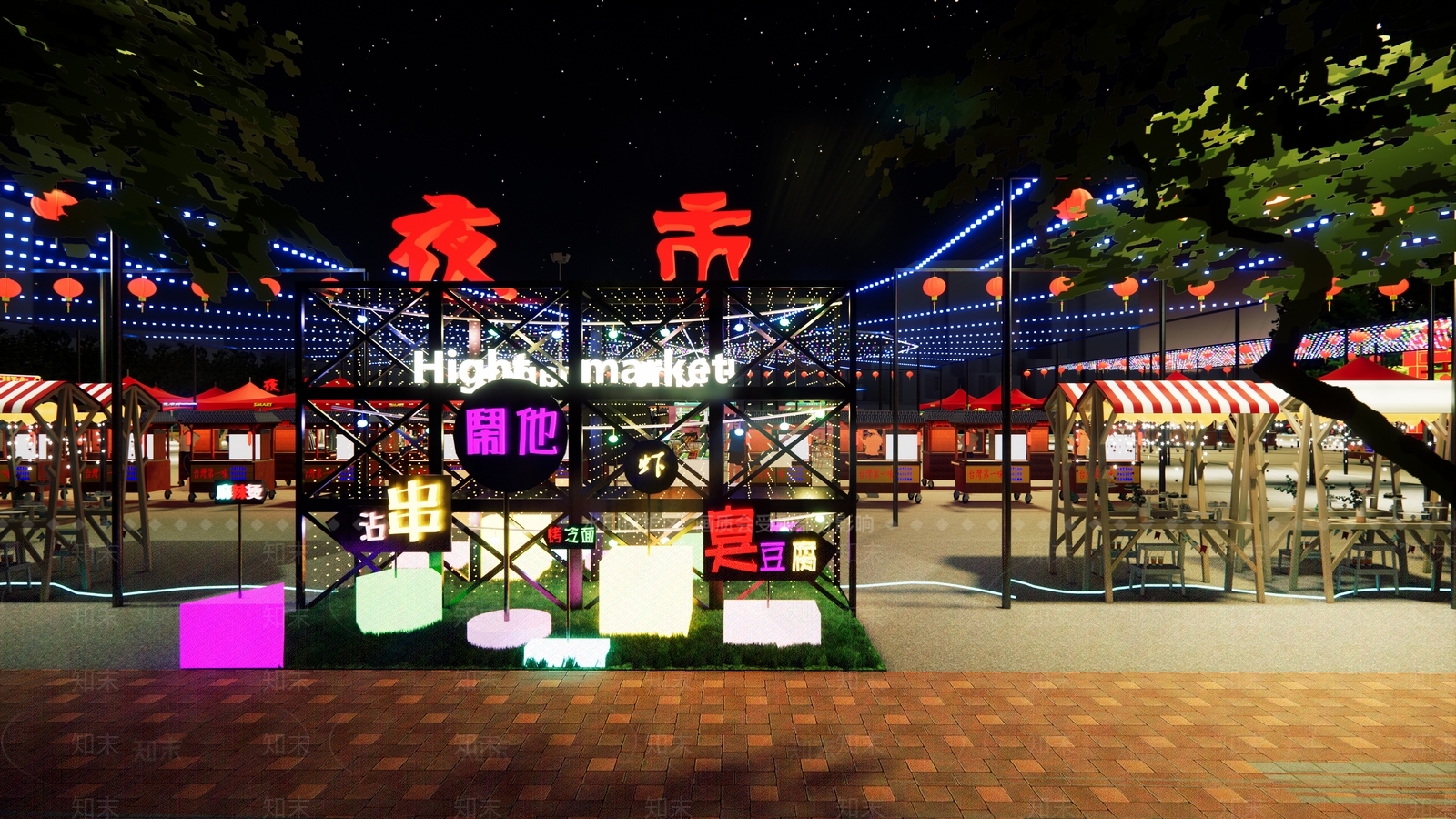现代户外夜市广场SU模型下载【ID:1115160132】