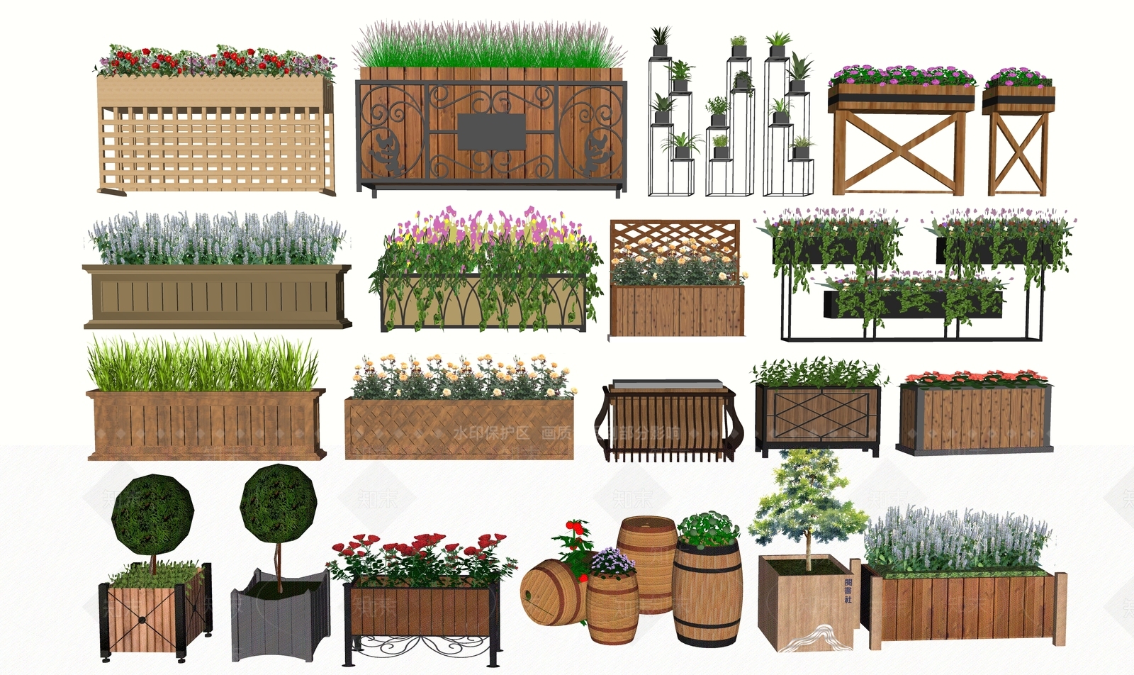 现代铁艺木质花箱SU模型下载【ID:1115200261】