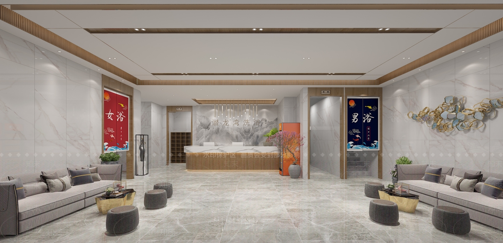 新中式浴池中心大厅3D模型下载【ID:1115280643】