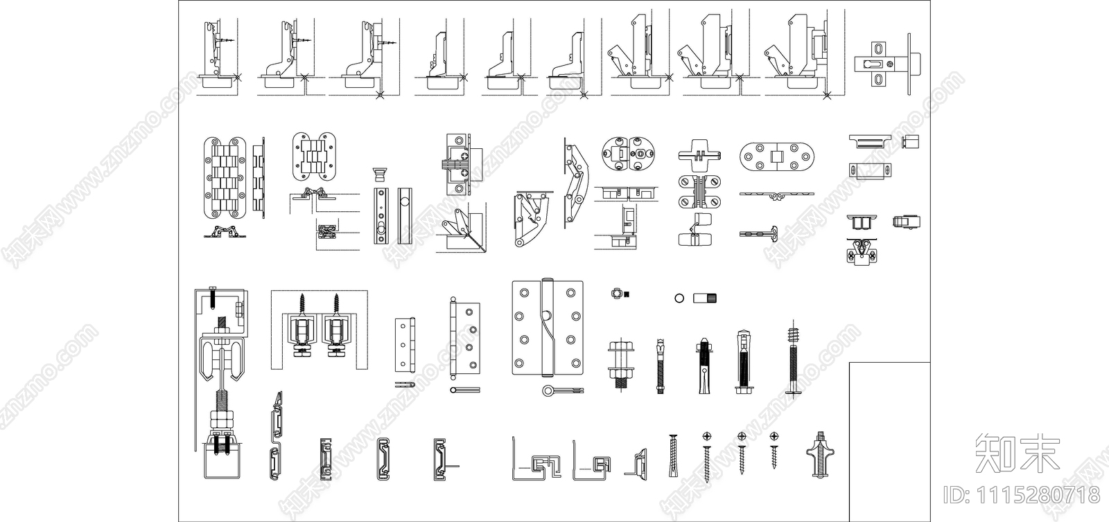 螺栓钉子铰链五金cad施工图下载【ID:1115280718】