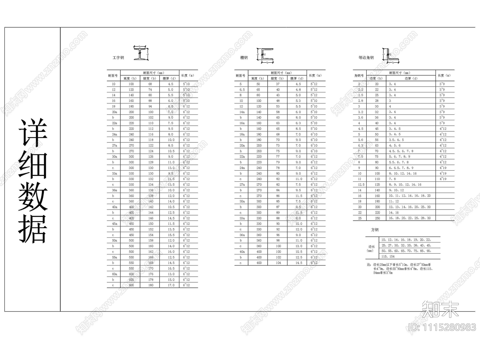 角钢工字钢槽钢及型号数据钢结构配件施工图下载【ID:1115280983】