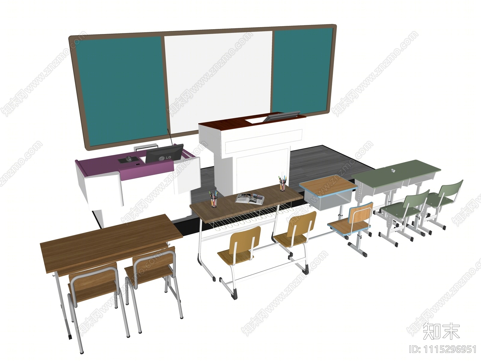 现代教室书桌椅组合SU模型下载【ID:1115296951】