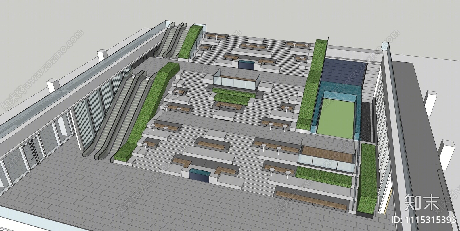 现代商业下沉广场大台阶景观SU模型下载【ID:1115315393】
