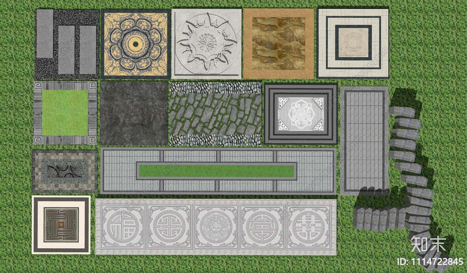 新中式园林园路铺装SU模型下载【ID:1114722845】