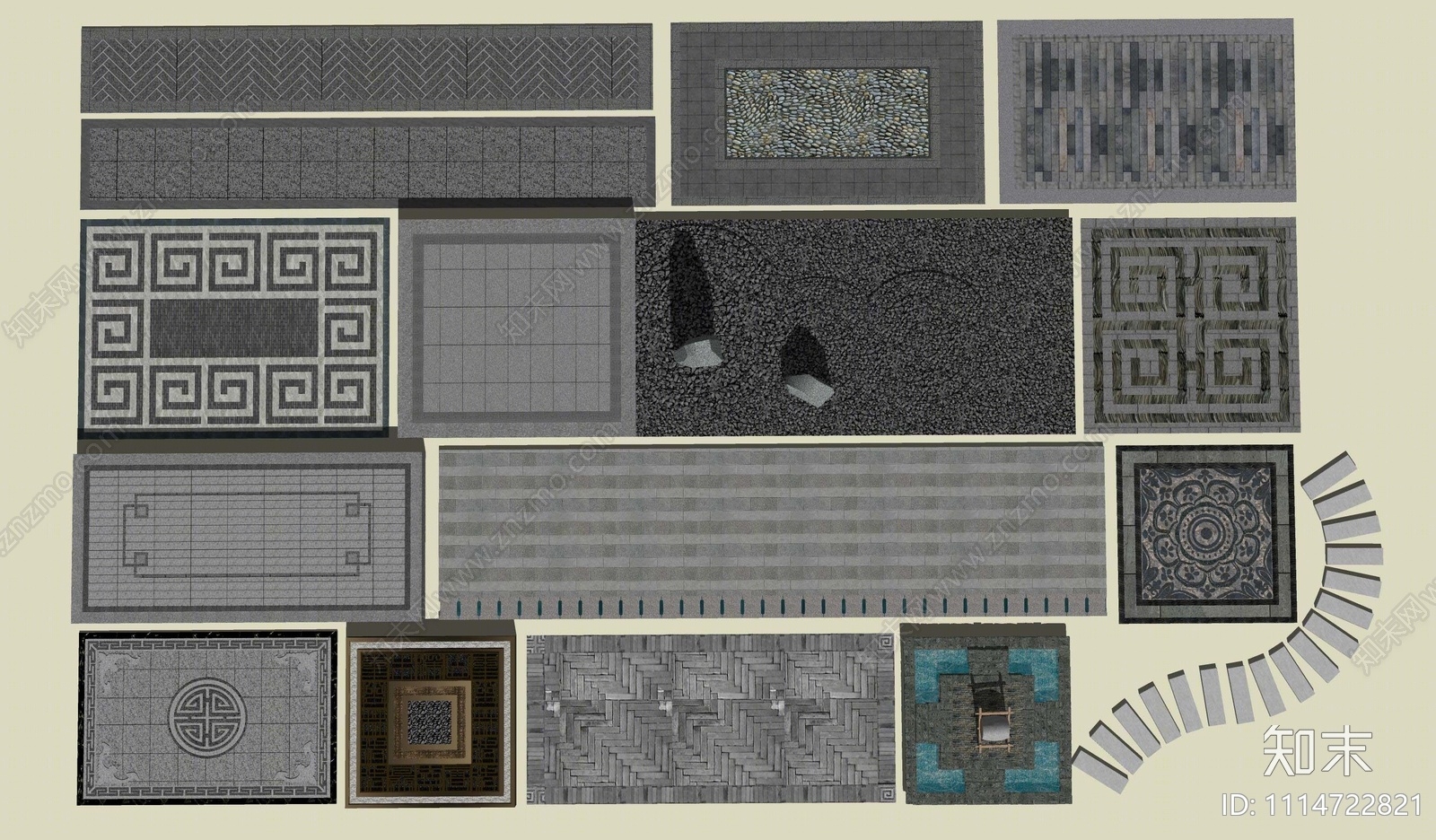 新中式园林园路铺装SU模型下载【ID:1114722821】
