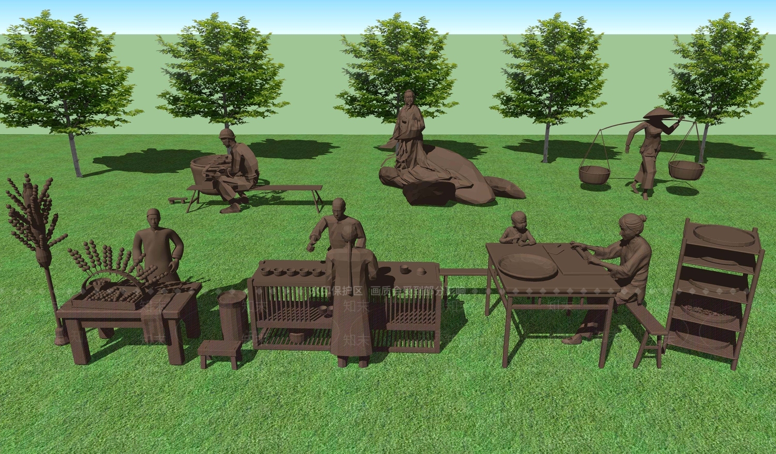 中式商业街铜人物雕塑小品SU模型下载【ID:1114726179】