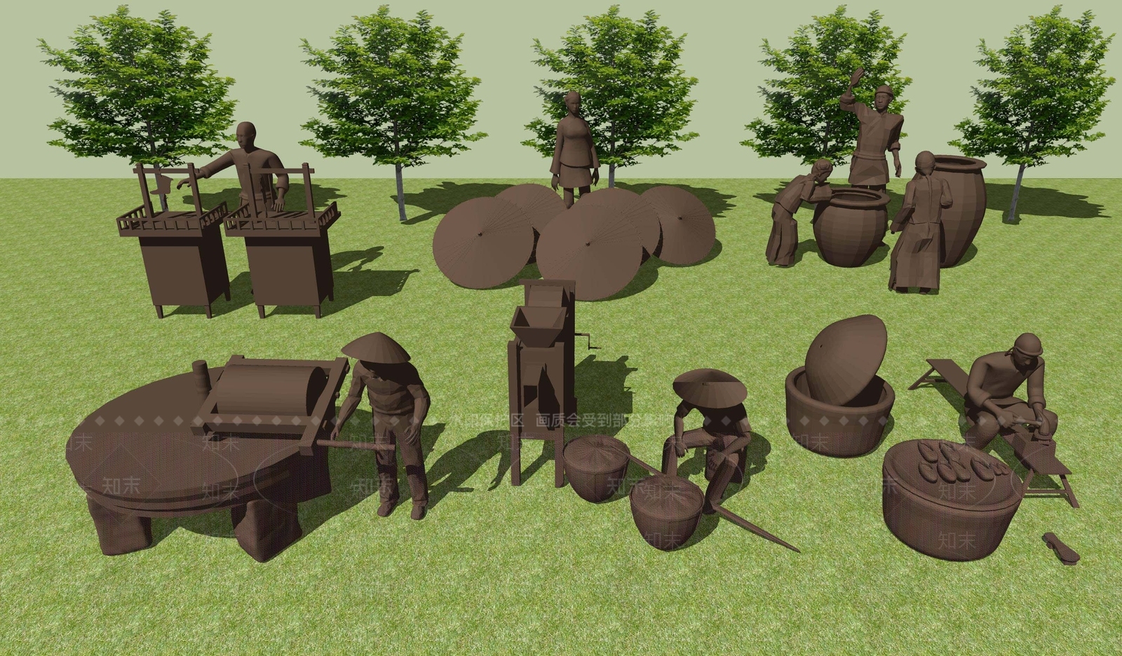 中式商业街铜人物雕塑小品SU模型下载【ID:1114726252】