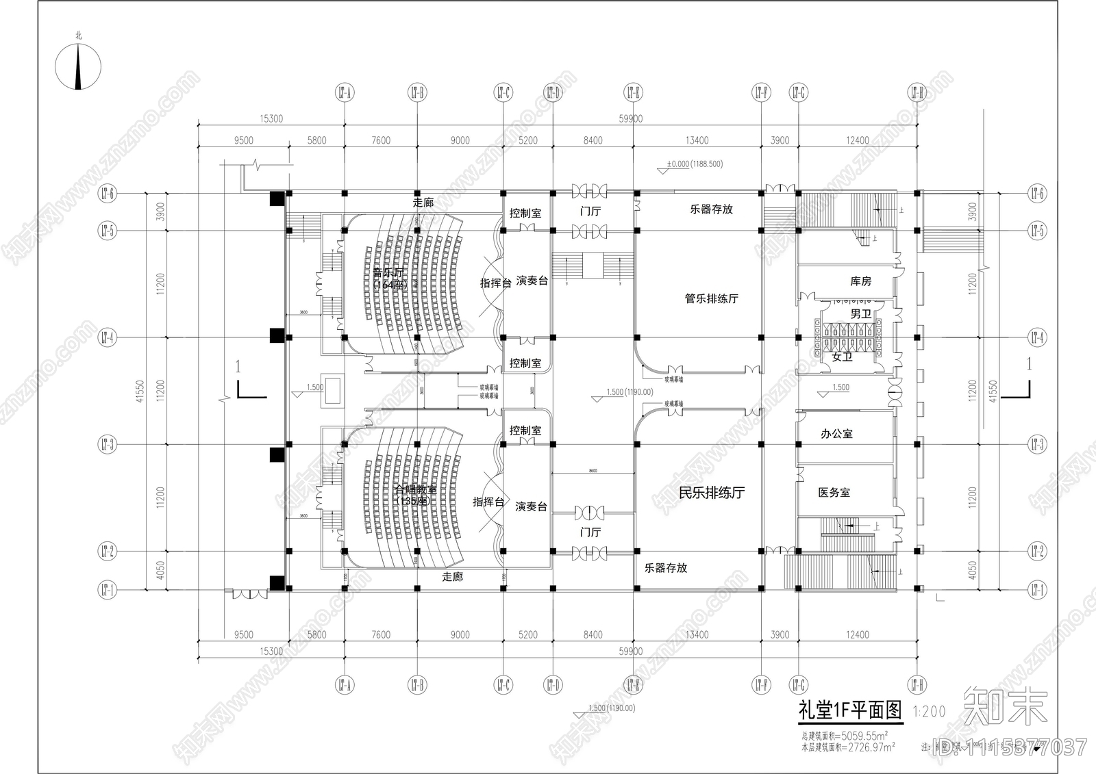 礼堂平立剖面图施工图施工图下载【ID:1115377037】