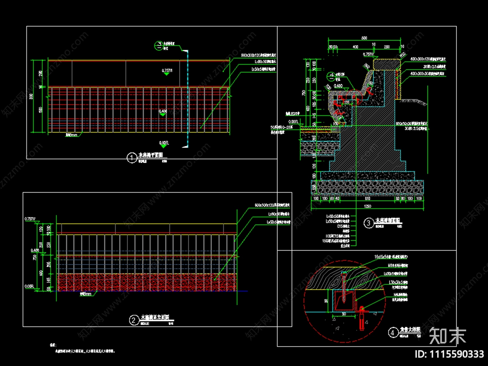 木座椅做法通用详图cad施工图下载【ID:1115590333】